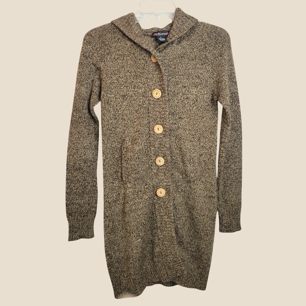 Takeout Cardigan Sweater Hooded Longline Boho Minimalist Button Front Brown Marl